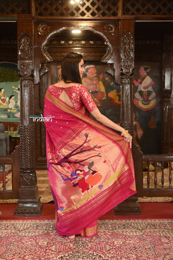 Authentic Handloom Pure Cotton Paithani with Traditional Radha Krishna Pallu~ Red Delight