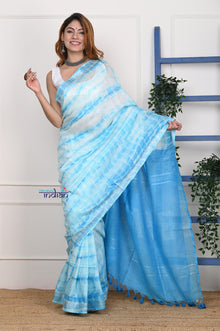  EXCLUSIVE! Handmade Tie and Dye Cotton Light Blue Saree By Women Weavers