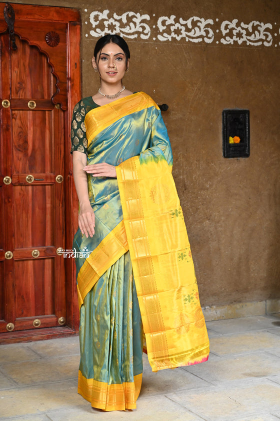 Shop Pure Silk Handloom - Maharani Paithani in Elegant Teal Blue with Rich Sunshine Yellow Silk Border