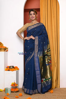  Shop Traditional Handloom Dark Blue Cotton Paithani With Radha Krishna Pallu