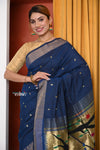 Vintage Traditional Handloom Dark Blue Cotton Paithani With Radha Krishna Pallu