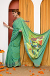 Image of EXCLUSIVE! Traditional Handloom Sage Green Cotton Paithani With Radha Krishna Pallu