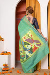Online EXCLUSIVE! Traditional Handloom Sage Green Cotton Paithani With Radha Krishna Pallu