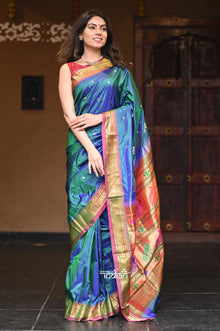   Authentic Traditional Handloom Pure Silk Paithani Dual Tone Bluish Grey Green with Light Purple Border