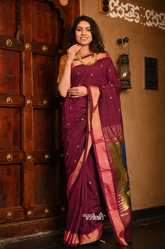Shop Authentic Handloom Cotton Paithani in Wine Color and Golden Instrumental Pallu