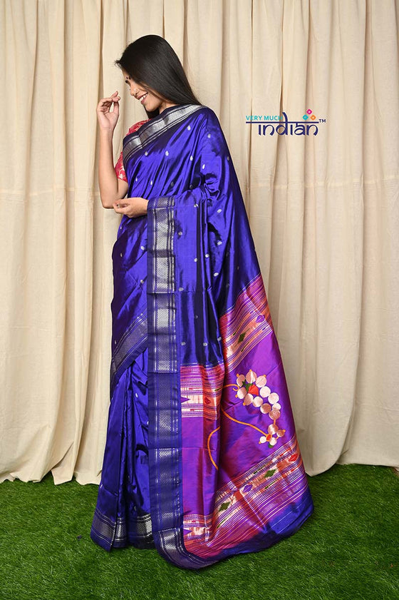 Shop  Pure Silk Handloom Paithani - Royal Blue with Nath Pallu