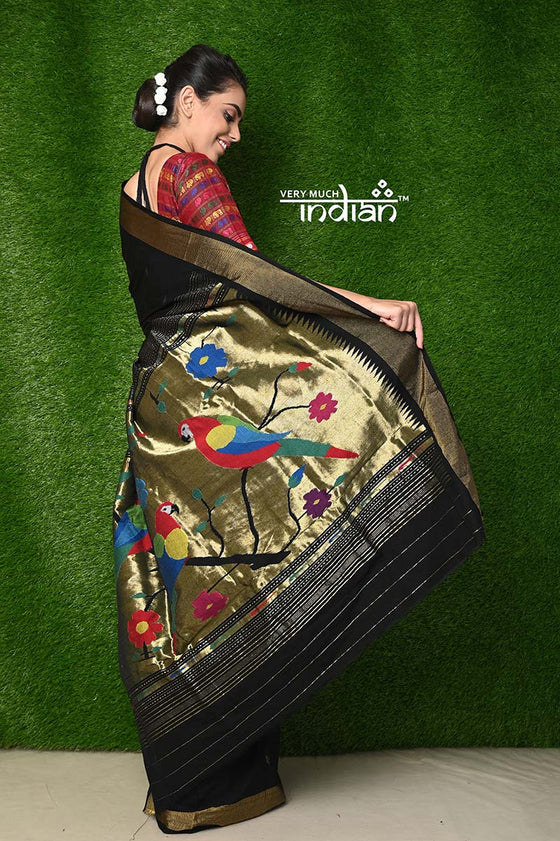 Vintage Exclusive Cotton Handloom Paithani - Black Colour with Designer 3 Parrots Pallu