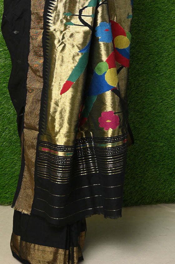 Shop Exclusive Cotton Handloom Paithani - Black Colour with Designer 3 Parrots Pallu