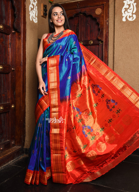 Best Pure Silk Handloom - Maharani Paithani in Dual Tone Blue with a striking Red Border and Pallu