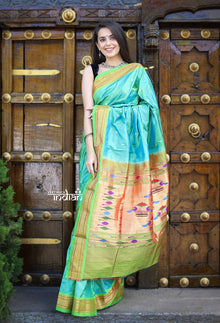 Traditional Pure Silk Handloom Paithani ~ Dual Tone Blue Green with Fresh Green Border