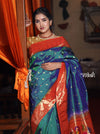 Authentic Handloom Pure Silk Muniya Border Paithani with Exclusive Pallu and Buttis - Dual Tone Blue Green