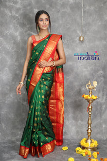  Pure Silk Handloom Maharani Paithani - Deep Green with Red Border
