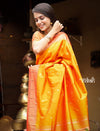 Best Exclusive!Authentic Handloom, Beautiful Orange Yellow, Pure Silk Muniya Border Paithani with Radha Krishna Pallu(