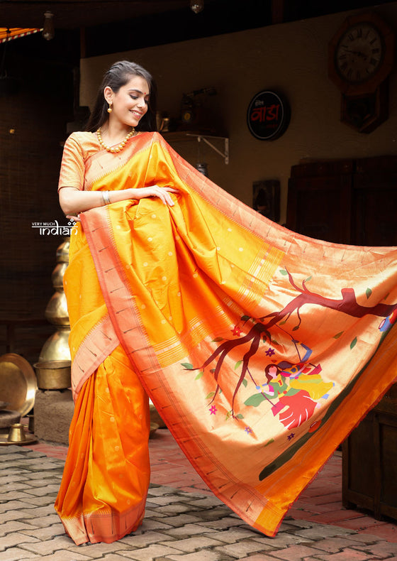 Authentic Handloom, Beautiful Orange Yellow, Pure Silk Muniya Border Paithani with Radha Krishna Pallu