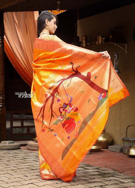 Exclusive!Authentic Handloom, Beautiful Orange Yellow, Pure Silk Muniya Border Paithani with Radha Krishna Pallu