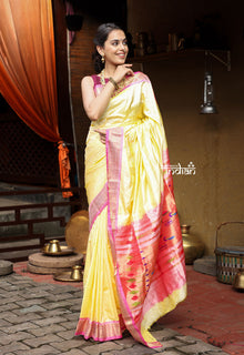  Traditional Handloom Pure Silk Paithani Pastel Light Yellow with Light Pink Border