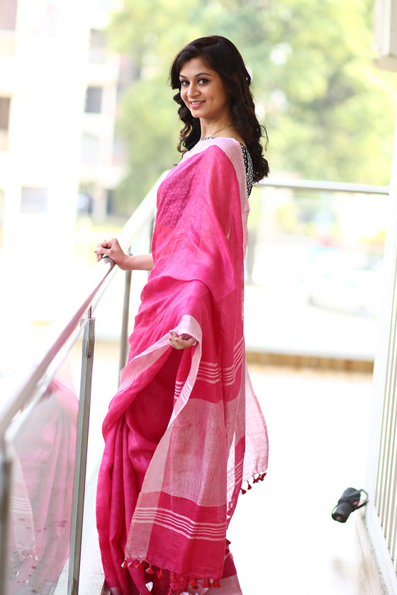 Pure Organic Linen Saree – Bright Pink (Hand-Dyed)