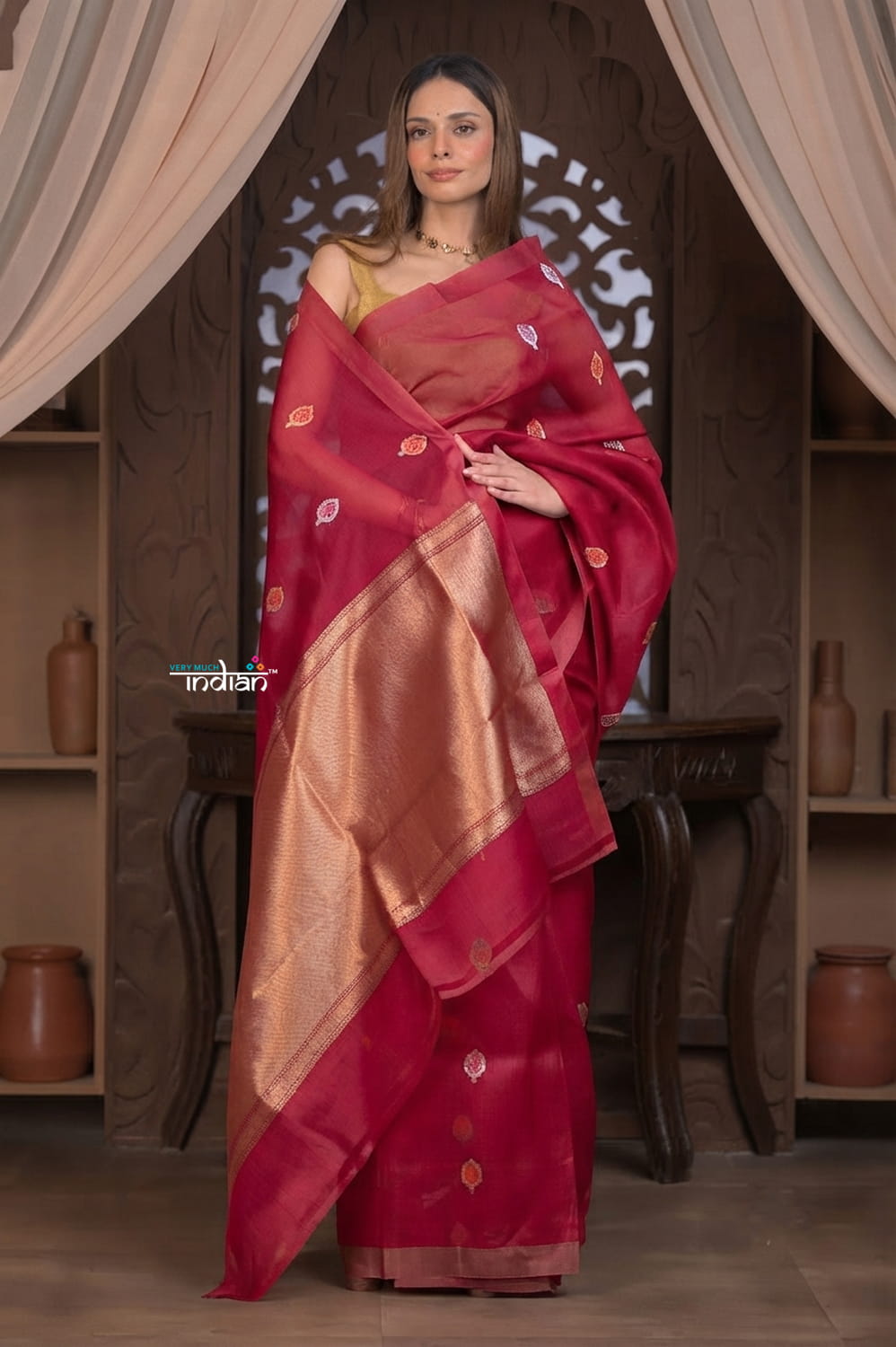 Kashi ~ Handloom Pure Silk High Quality Kora Saree in Rani Pink with Buttis (Silk Mark Certified)