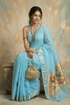 Virasat 2.0 ~ Handloom Pure Cotton Paithani In All Over Zari Lines  With Parrot Pallu ~ Sky Blue