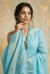 Virasat 2.0 ~ Handloom Pure Cotton Paithani In All Over Zari Lines  With Parrot Pallu ~ Sky Blue