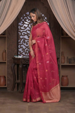 Kashi ~ Handloom Pure Silk High Quality Kora Saree in Rani Pink with Buttis (Silk Mark Certified)