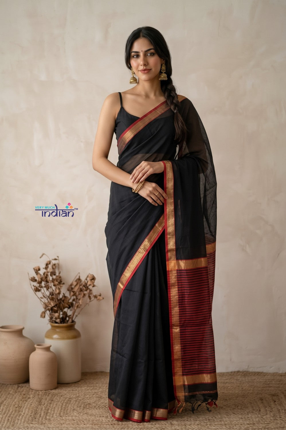 Tarang 2.0 ~ Designer Handloom Cotton Silk Saree in Black and Red