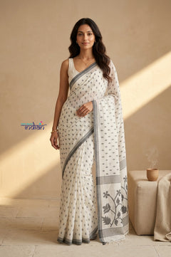 Mulmuli ~ Pure Handwoven Mul Cotton Saree in White and Grey