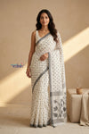 Mulmuli ~ Pure Handwoven Mul Cotton Saree in White and Grey