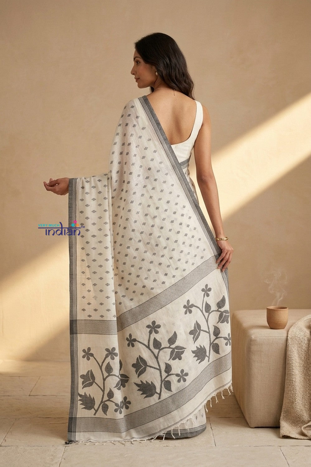 Mulmuli ~ Pure Handwoven Mul Cotton Saree in White and Grey