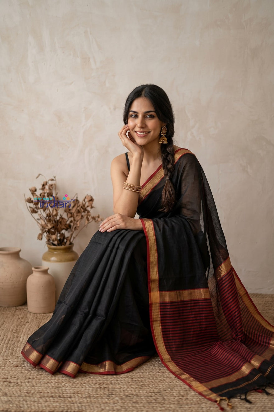 Tarang 2.0 ~ Designer Handloom Cotton Silk Saree in Black and Red