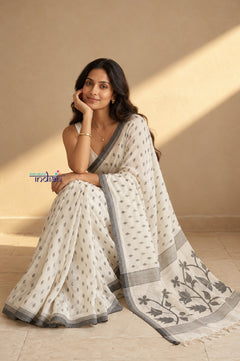 Mulmuli ~ Pure Handwoven Mul Cotton Saree in White and Grey