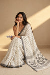 Mulmuli ~ Pure Handwoven Mul Cotton Saree in White and Grey