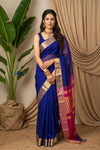 Chandani Chanderi ~  Handloom Chanderi Silk Saree with Motifs in Royal Blue Pink