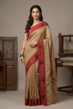 Bengal Gatha ~ Handloom Linen Saree in Beige and Red