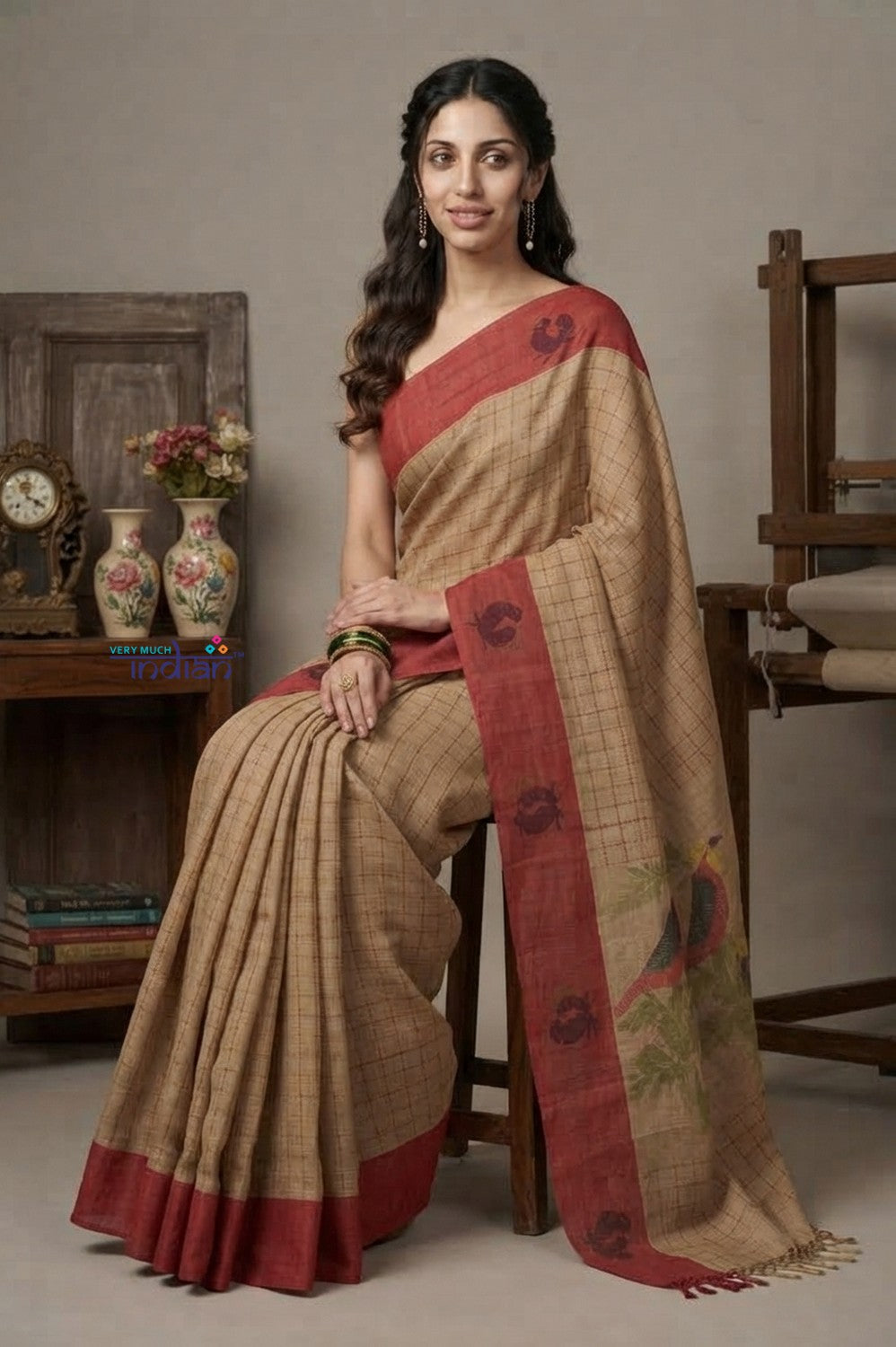 Bengal Gatha ~ Handloom Linen Saree in Beige and Red