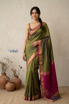 Tarang 2.0 ~ Designer Handloom Cotton Silk Saree in Leaf Green and Pink