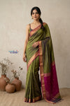 Tarang 2.0 ~ Designer Handloom Cotton Silk Saree in Leaf Green and Pink