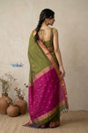 Tarang 2.0 ~ Designer Handloom Cotton Silk Saree in Leaf Green and Pink