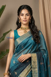 Chandani Chanderi ~  Handloom Chanderi Tissue Silk Saree with Motifs in Peacock Blue