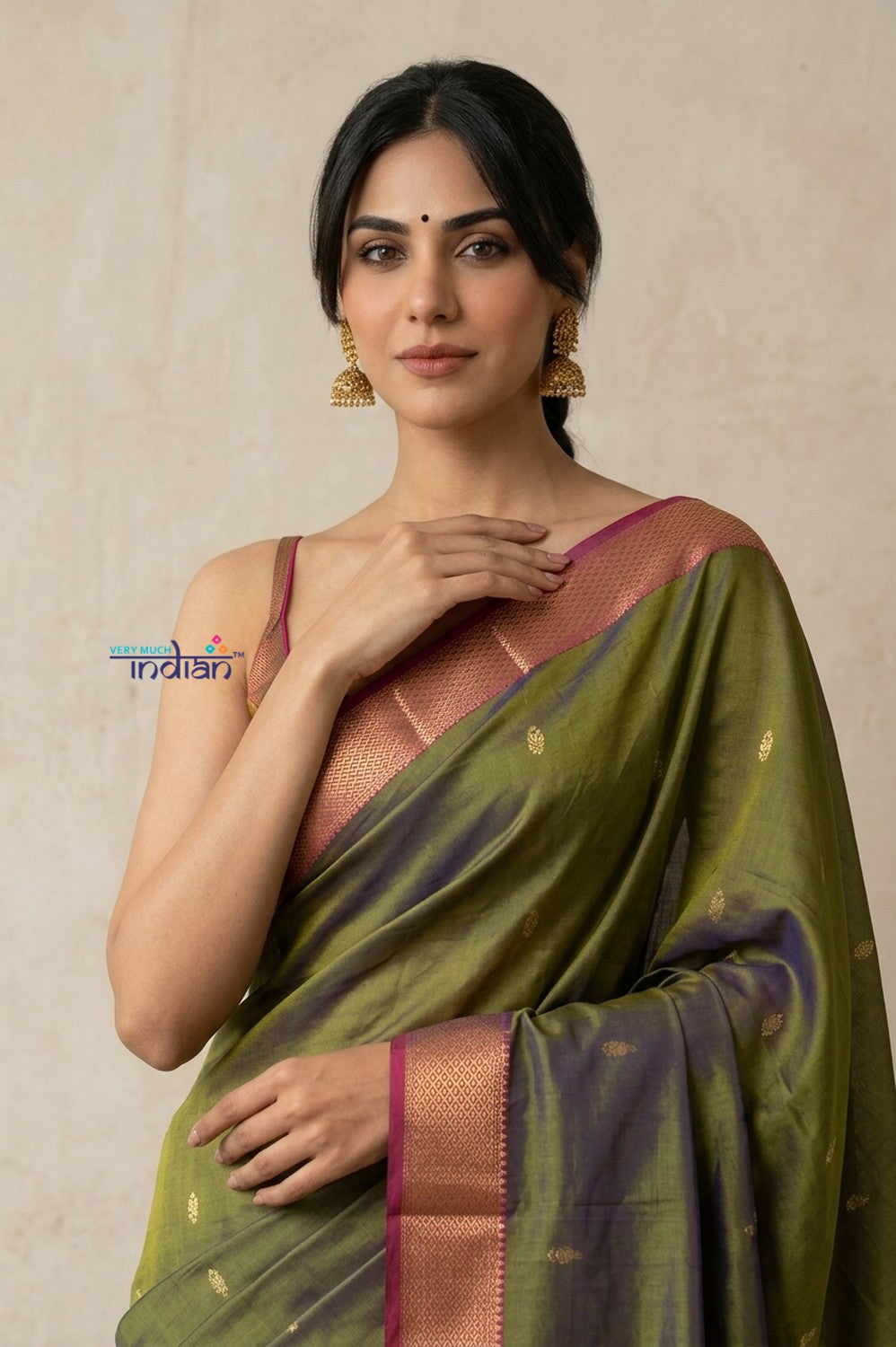 Tarang 2.0 ~ Designer Handloom Cotton Silk Saree in Leaf Green and Pink