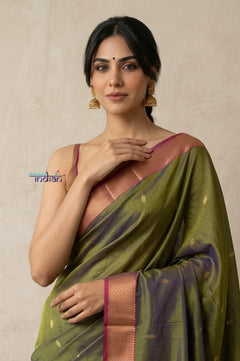 Tarang 2.0 ~ Designer Handloom Cotton Silk Saree in Leaf Green and Pink