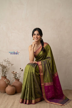 Tarang 2.0 ~ Designer Handloom Cotton Silk Saree in Leaf Green and Pink