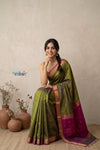 Tarang 2.0 ~ Designer Handloom Cotton Silk Saree in Leaf Green and Pink