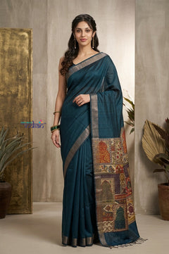 Bengal Gatha ~ Handloom Dupion Silk Saree with Digital Print in Azure Blue