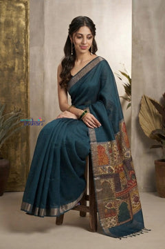 Bengal Gatha ~ Handloom Dupion Silk Saree with Digital Print in Azure Blue