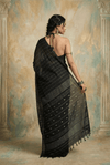 Virasat 2.0 ~ Handloom Pure Cotton Paithani With Designer Silver Zari Lines ~ Charcoal Black