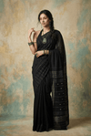 Virasat 2.0 ~ Handloom Pure Cotton Paithani With Designer Silver Zari Lines ~ Charcoal Black