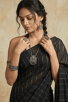 Virasat 2.0 ~ Handloom Pure Cotton Paithani With Designer Silver Zari Lines ~ Charcoal Black