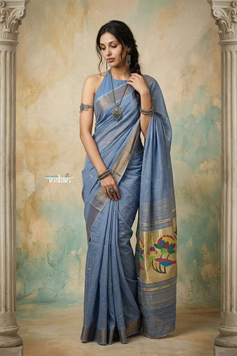 Virasat 2.0 ~ Handloom Pure Cotton Paithani With Lotus Pallu ~ Powder Blue