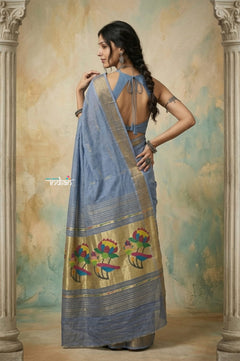 Virasat 2.0 ~ Handloom Pure Cotton Paithani With Lotus Pallu ~ Powder Blue